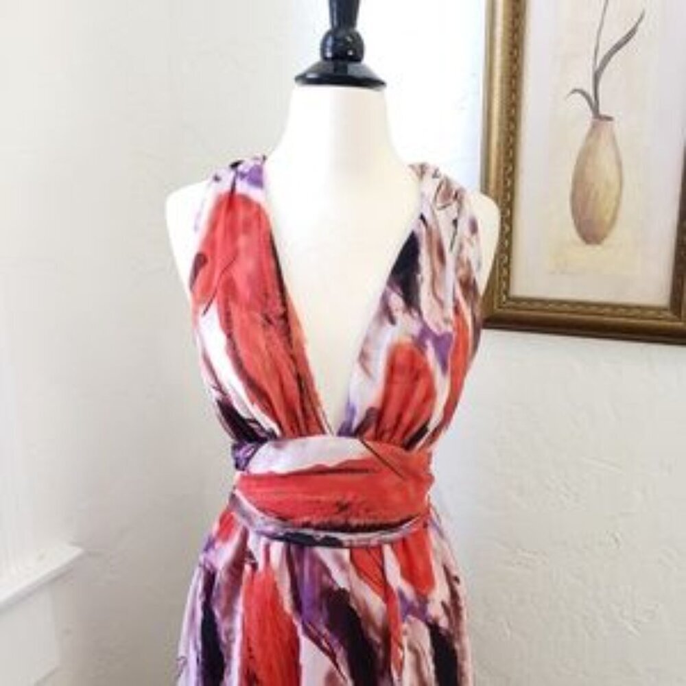 Vibrant Red & Purple Abstract Print Sleeveless Dress - Picture 3 of 4